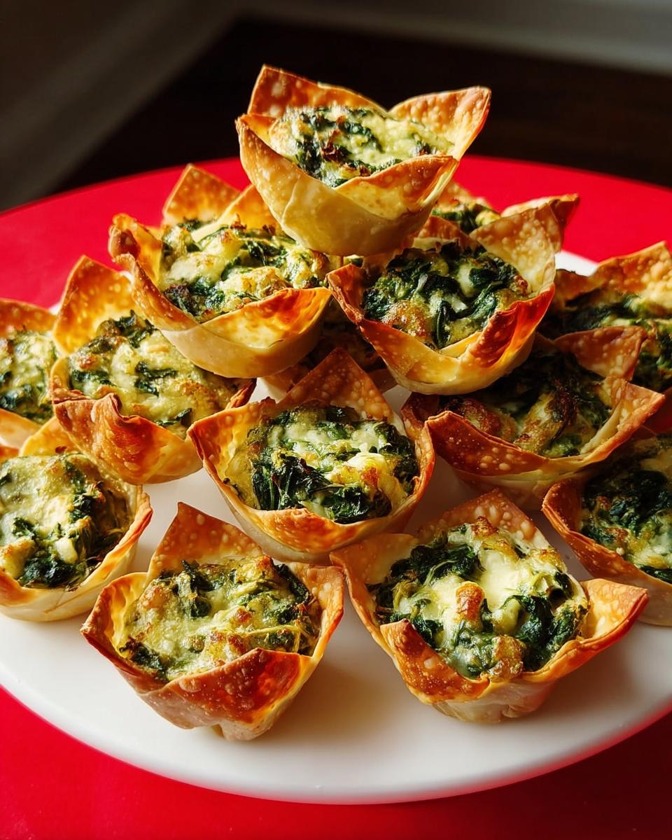 A stack of golden-brown Greek Spinach Artichoke Wonton Cups filled with creamy spinach and cheese mixture.