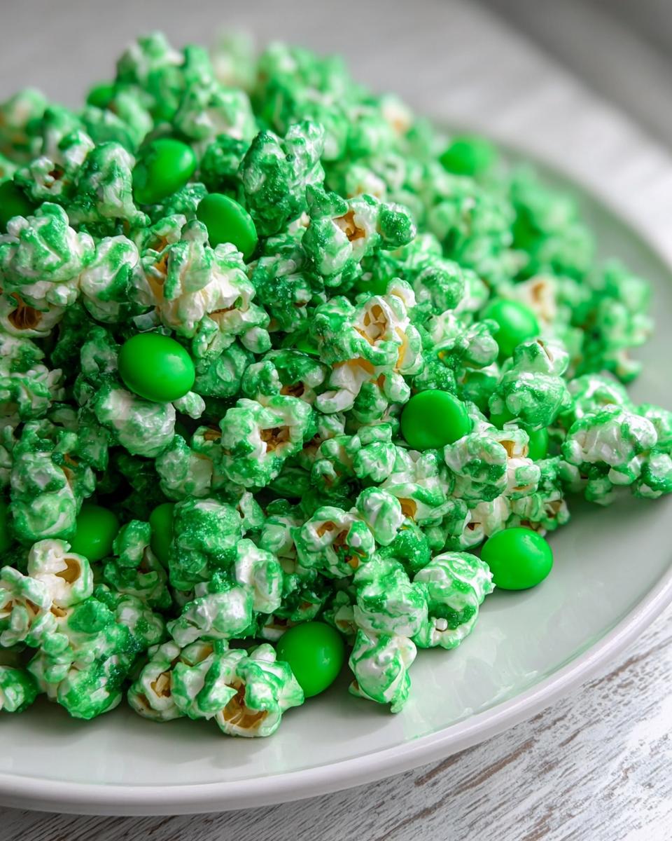 A close-up of Green Candy Leprechaun Popcorn, coated in green candy and mixed with green M&M-style candies, piled on a light plate.