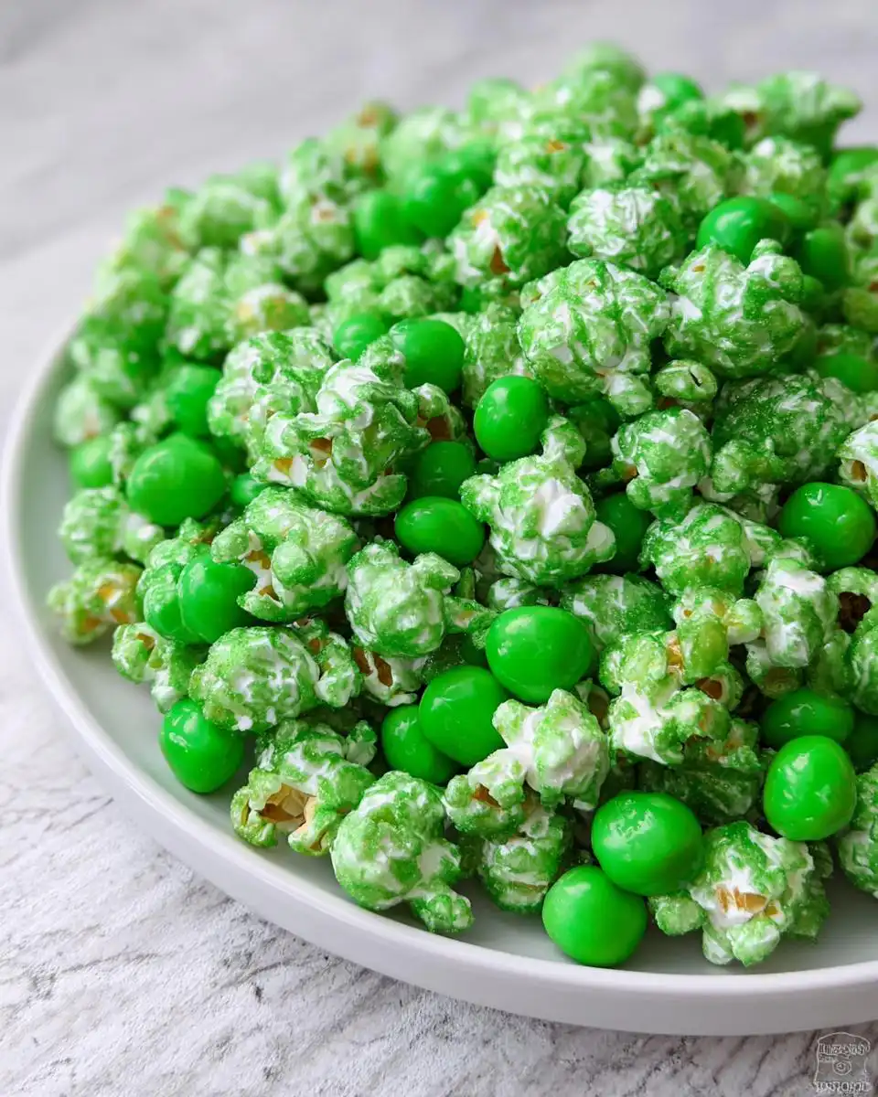 A close-up of vibrant Green Candy Leprechaun Popcorn mixed with bright green candy-coated chocolates on a white plate.