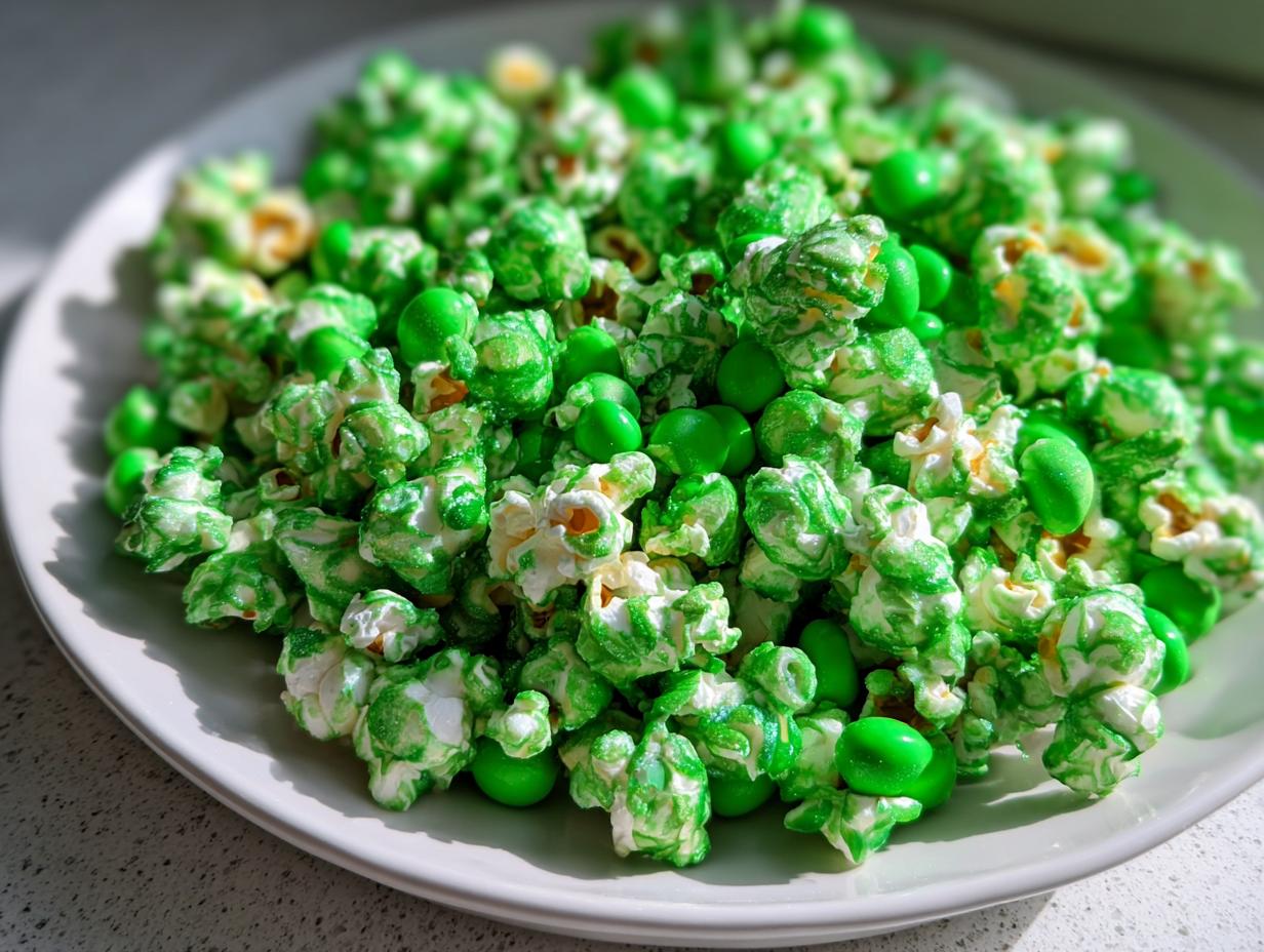 Close-up of vibrant Green Candy Leprechaun Popcorn mixed with bright green candies on a white plate.