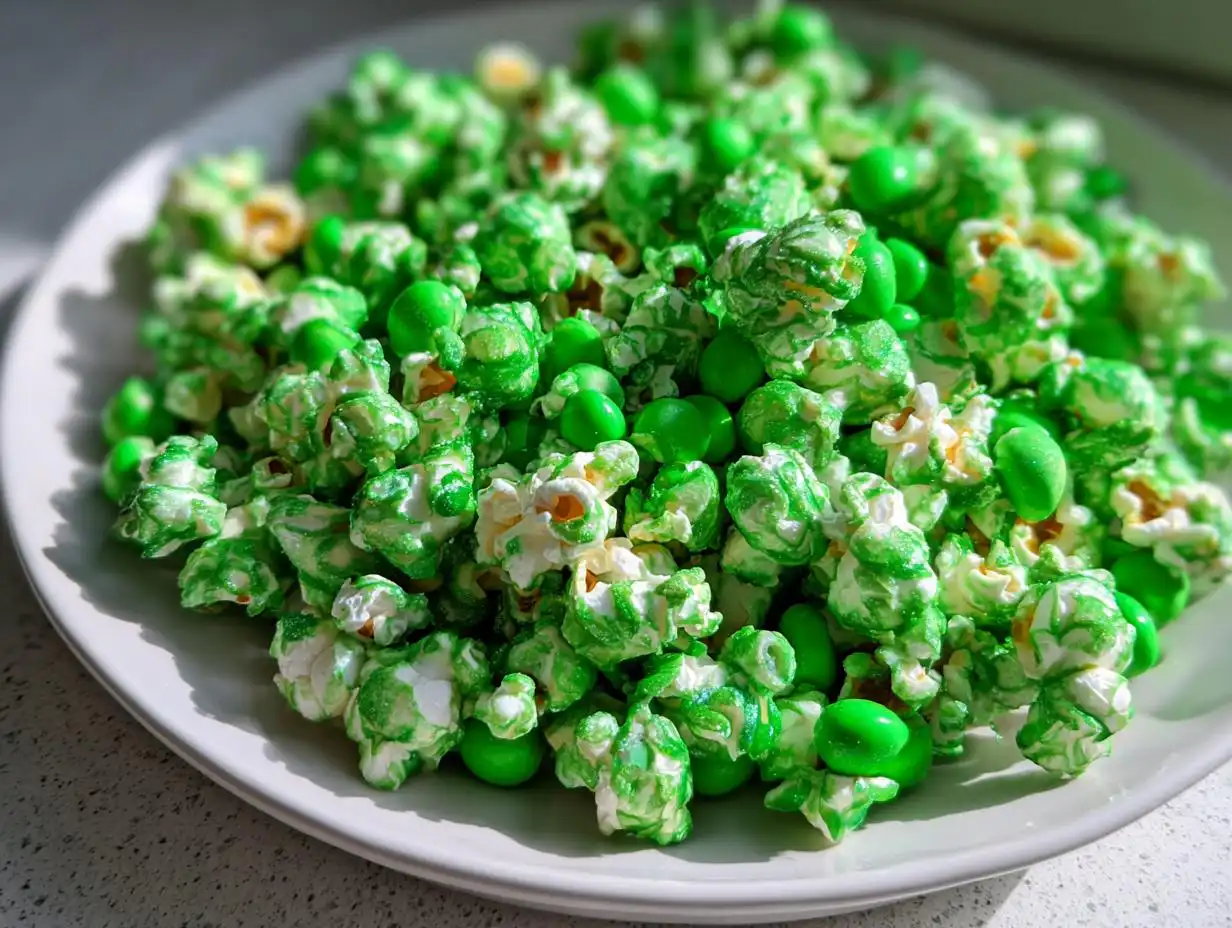 Close-up of vibrant Green Candy Leprechaun Popcorn mixed with bright green candies on a white plate.