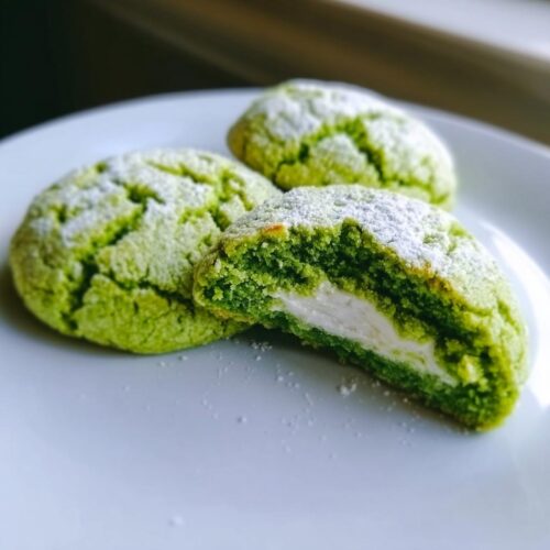 Close-up of Green Velvet Cream Cheese Cookies, one broken open showing the white cream cheese filling.