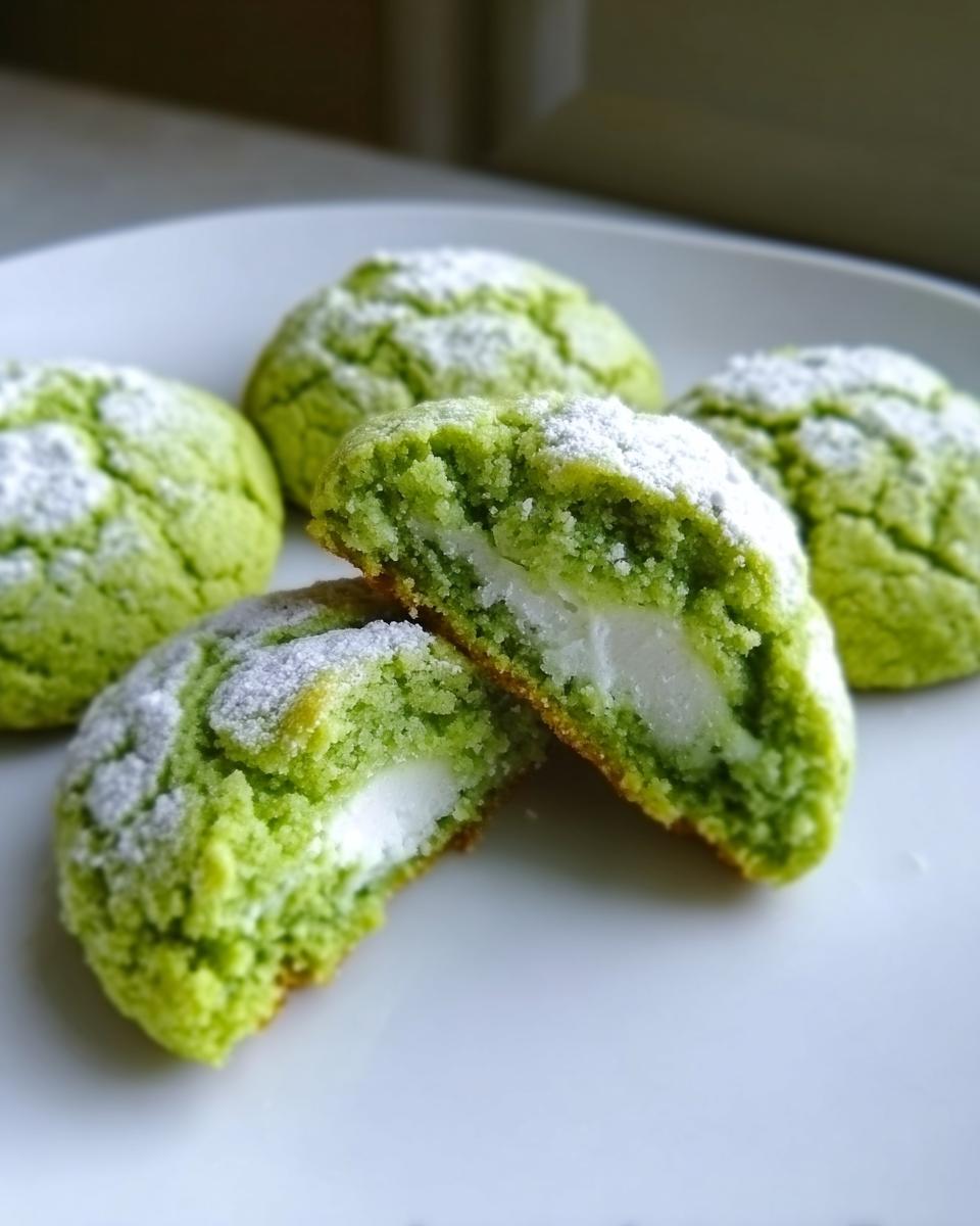 Close-up of vibrant Green Velvet Cream Cheese Cookies, one cookie is broken open showing the white cream cheese filling.