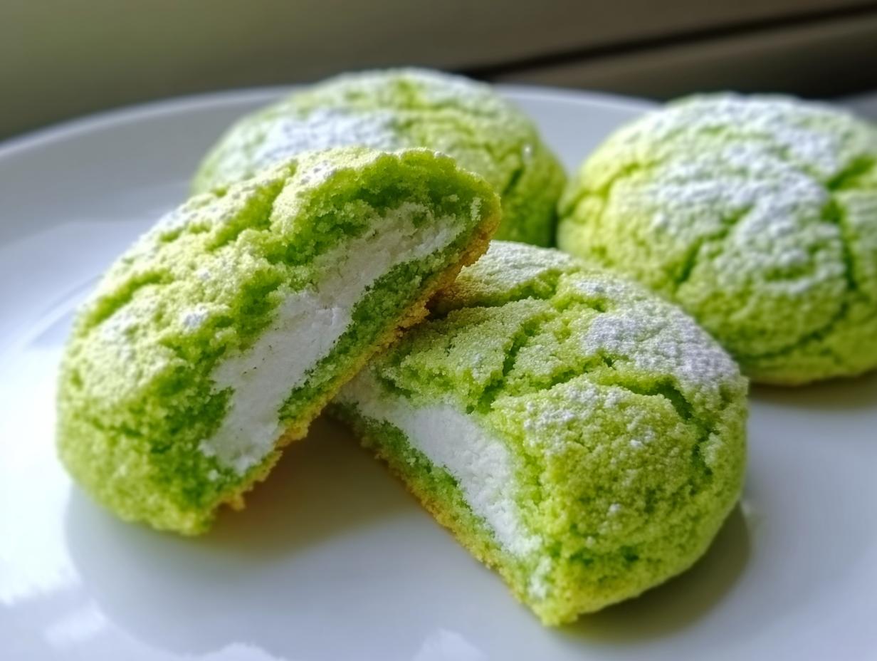 A close-up of Green Velvet Cream Cheese Cookies, one cookie is cut in half revealing a white cream cheese filling.