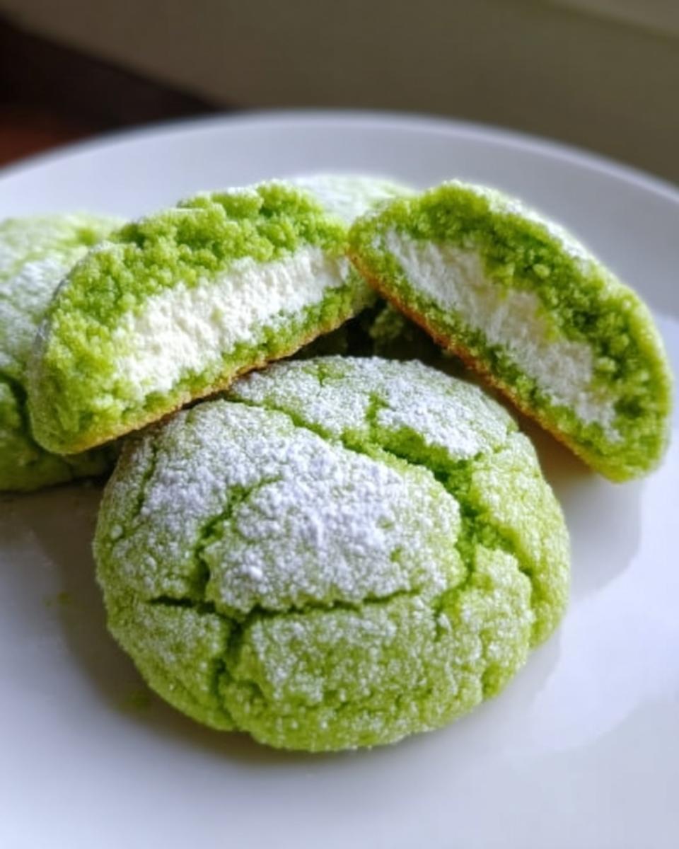 Close-up of vibrant Green Velvet Cream Cheese Cookies, one cut in half showing the white cream filling.