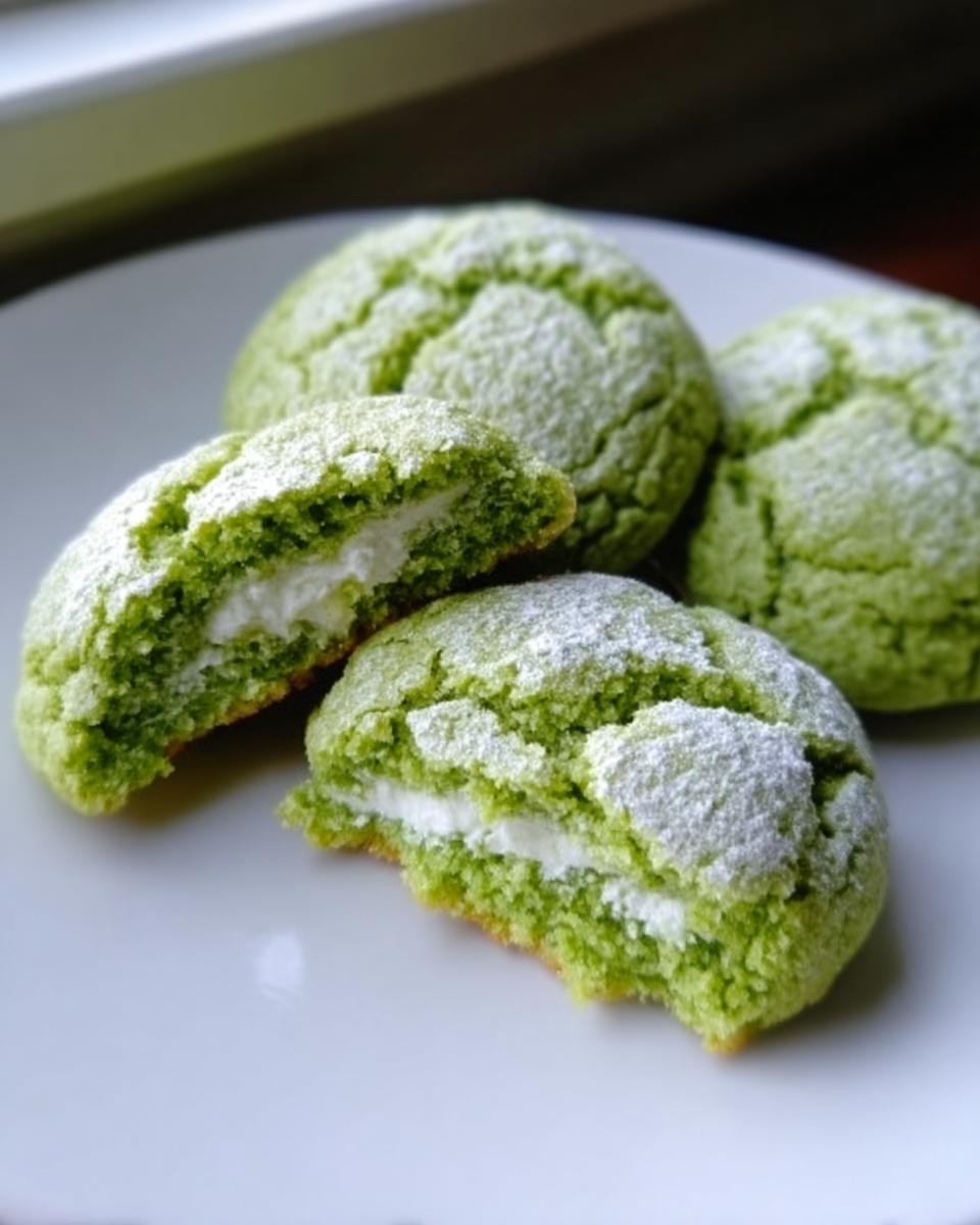 Close-up of soft, green Green Velvet Cream Cheese Cookies dusted with powdered sugar, one is broken open showing the white filling.