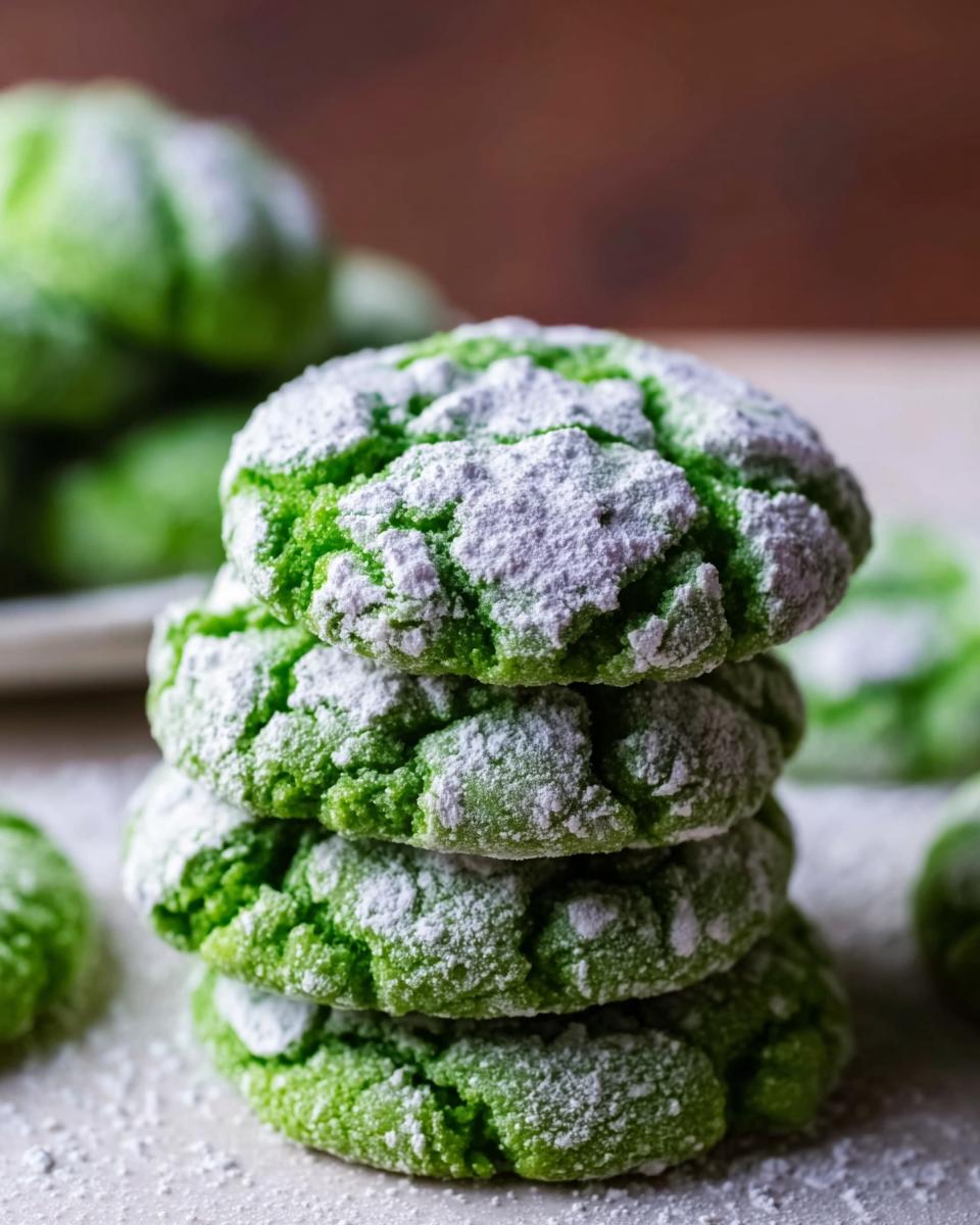 A stack of four vibrant Green Velvet Crinkle Cookies heavily coated in white powdered sugar, showing their signature cracked texture.