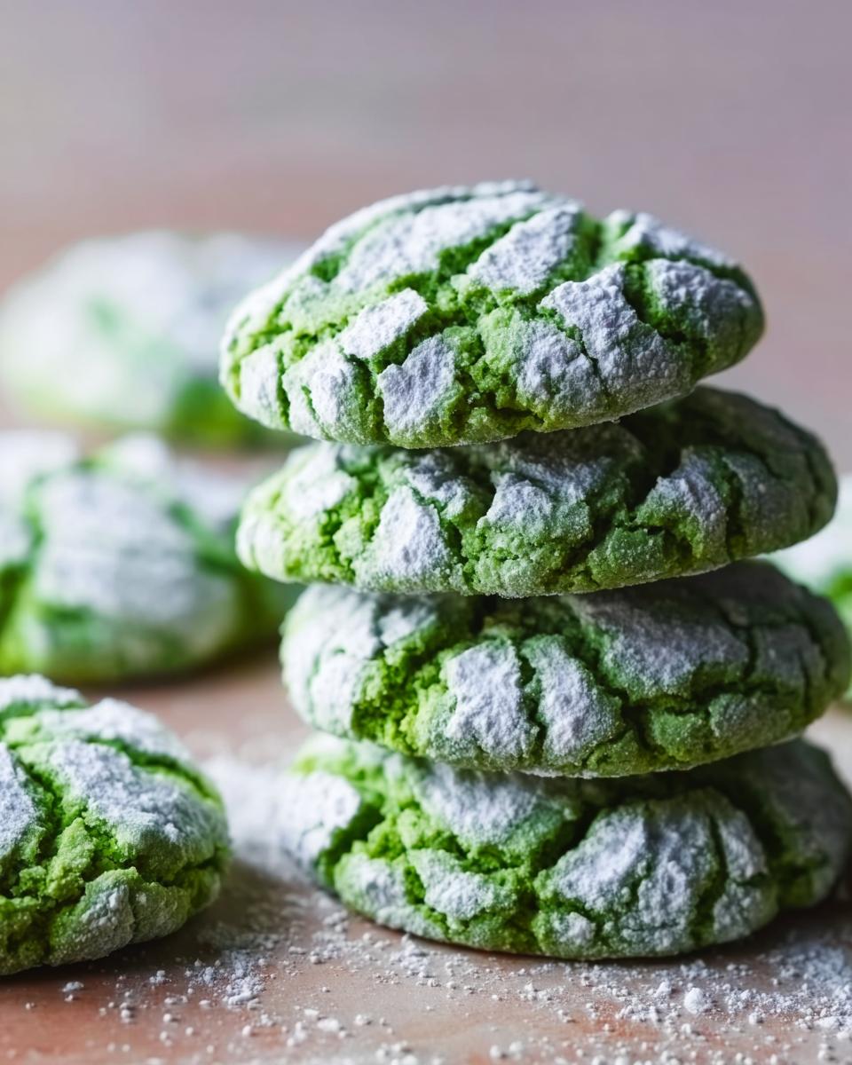 A stack of four vibrant Green Velvet Crinkle Cookies generously coated in white powdered sugar.