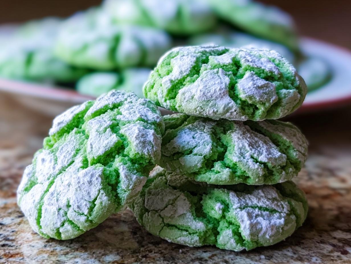 A close-up stack of three vibrant Green Velvet Crinkle Cookies dusted heavily with powdered sugar.