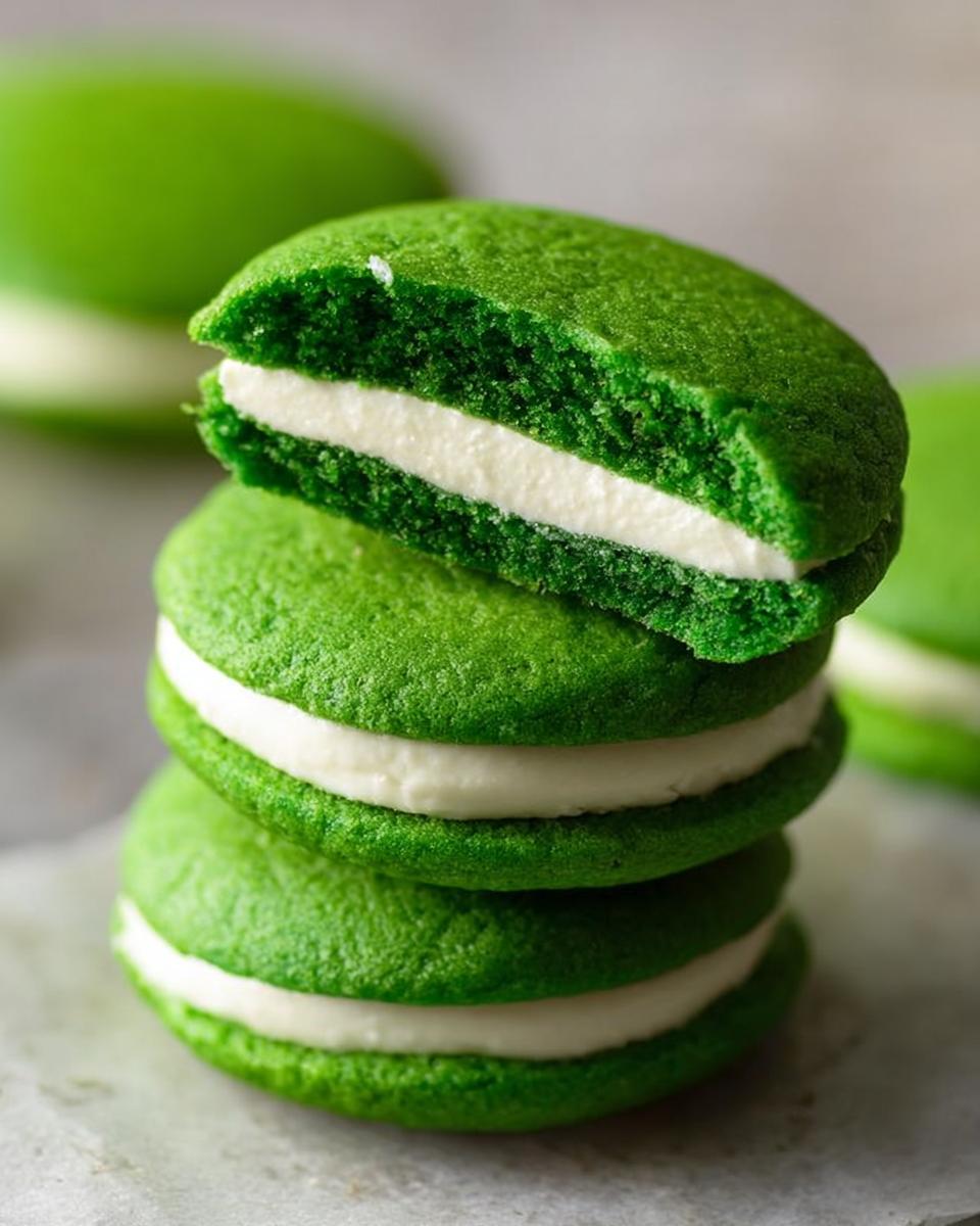 A stack of three vibrant Green Velvet Sandwich Cookies with thick white cream filling, one cookie broken open on top.