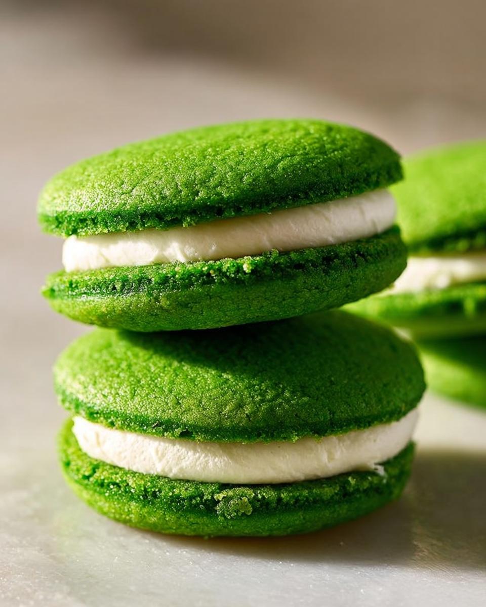 Close-up of two vibrant Green Velvet Sandwich Cookies stacked, featuring bright green shells and thick white cream filling.