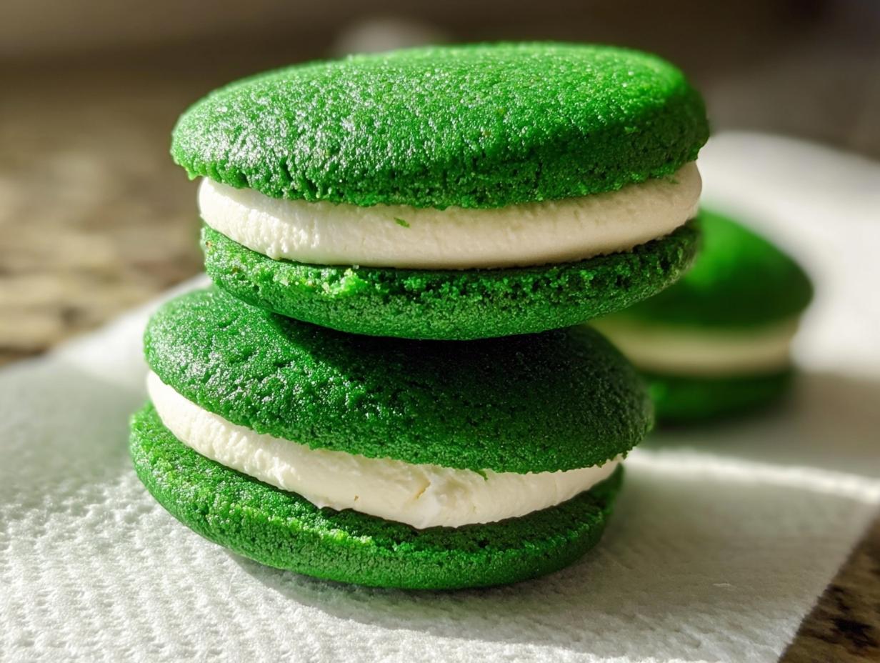 Close-up of two stacked Green Velvet Sandwich Cookies with thick white cream filling.