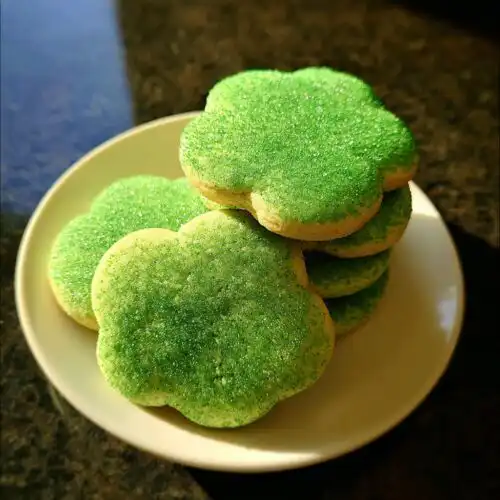 A stack of clover-shaped Green Velvet Sugar Cookies generously topped with bright green sanding sugar.