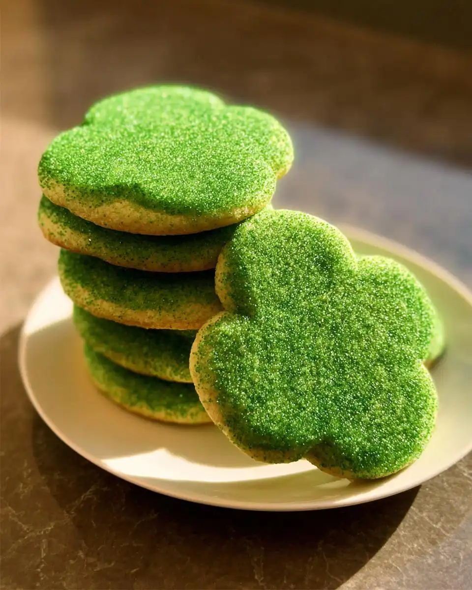 A stack of clover-shaped Green Velvet Sugar Cookies generously coated in bright green sanding sugar.