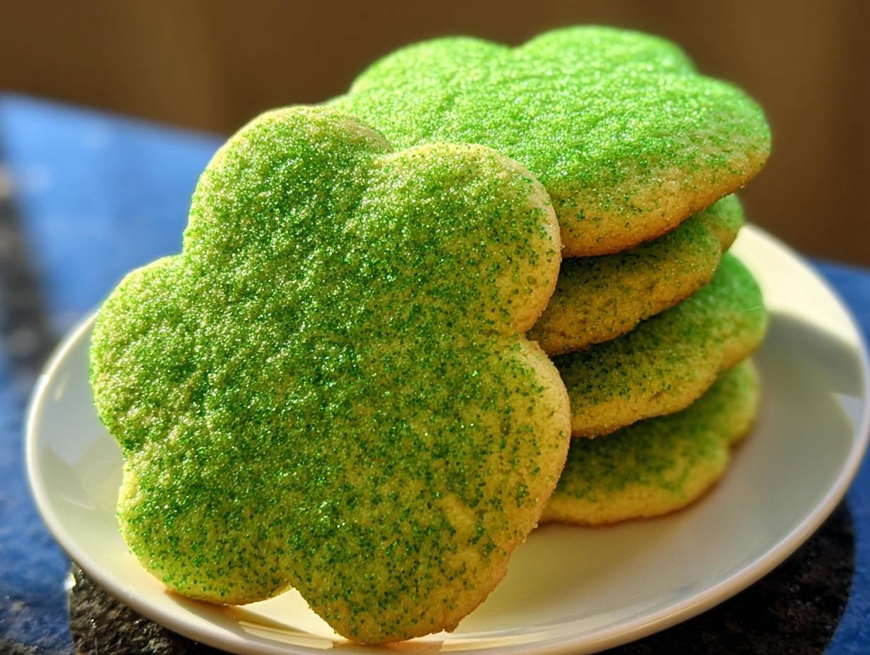 A stack of clover-shaped Green Velvet Sugar Cookies generously covered in bright green sparkling sugar.