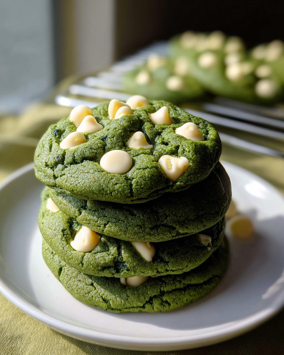 A stack of three vibrant green Green Velvet White Chocolate Chip Cookies topped with white chocolate chips.