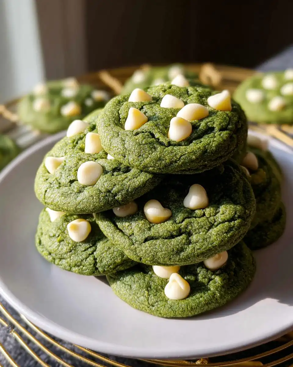 A stack of vibrant Green Velvet White Chocolate Chip Cookies topped with creamy white chocolate chips on a white plate.