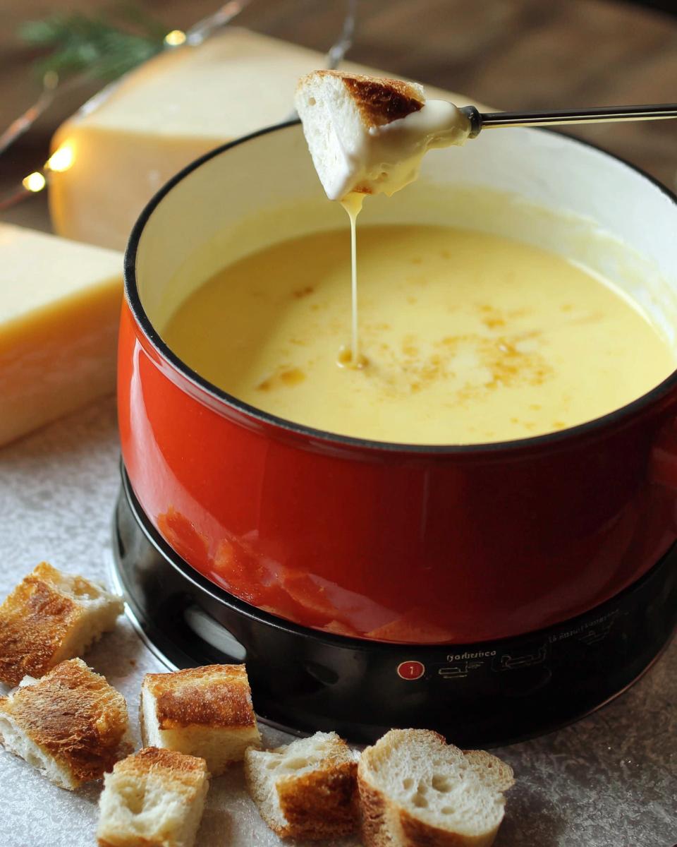 A piece of bread is dipped into a pot of melted Gruyere and Swiss Cheese Fondue, showing a cheese drip.