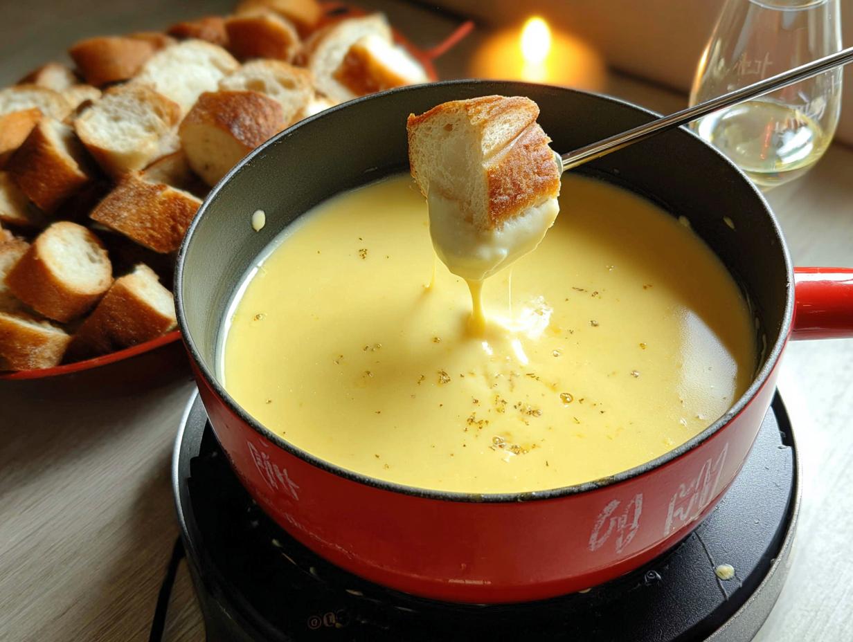 A piece of bread is dipped into a pot of hot Gruyere and Swiss Cheese Fondue, with more bread cubes nearby.