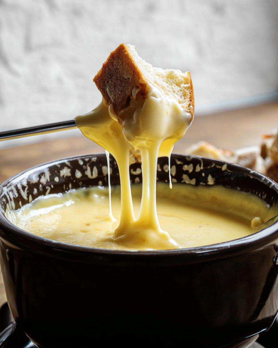 A piece of bread is lifted from a pot of melted Gruyere and Emmental Cheese Fondue, showing long, gooey cheese pulls.