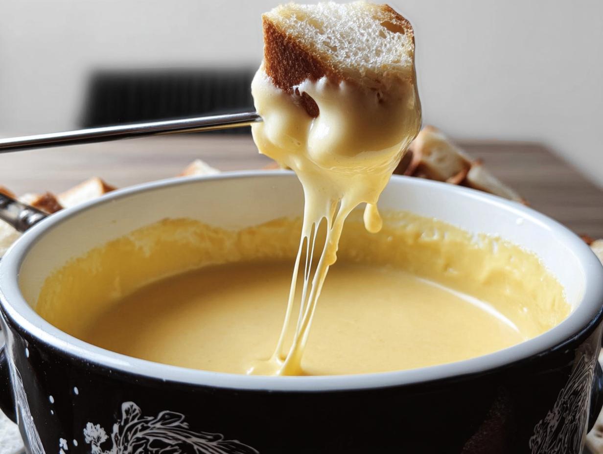 A piece of bread on a fondue fork dripping with melted Gruyere and Emmental Cheese Fondue.