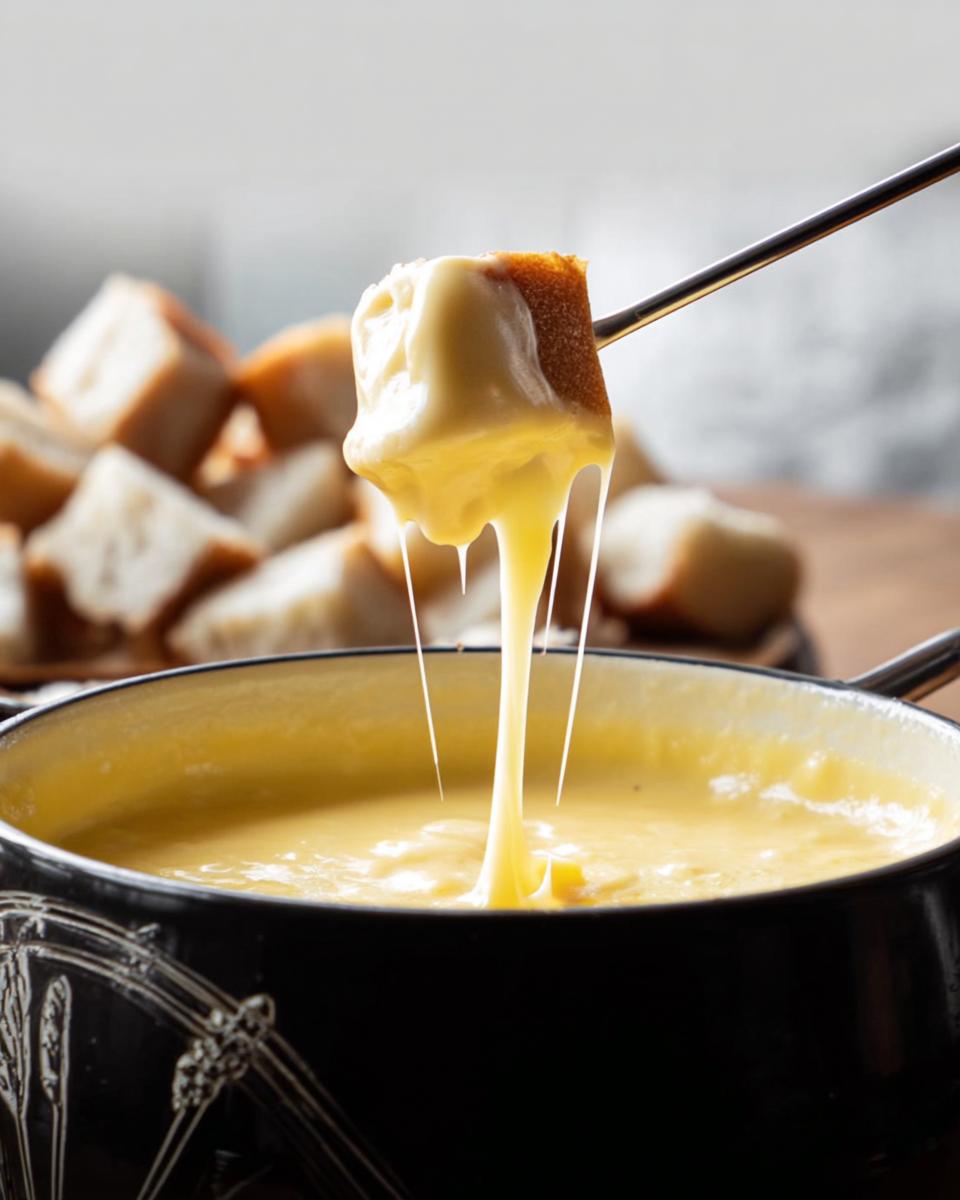 A piece of bread dripping with melted Gruyere and Emmental Cheese Fondue being lifted from the pot.