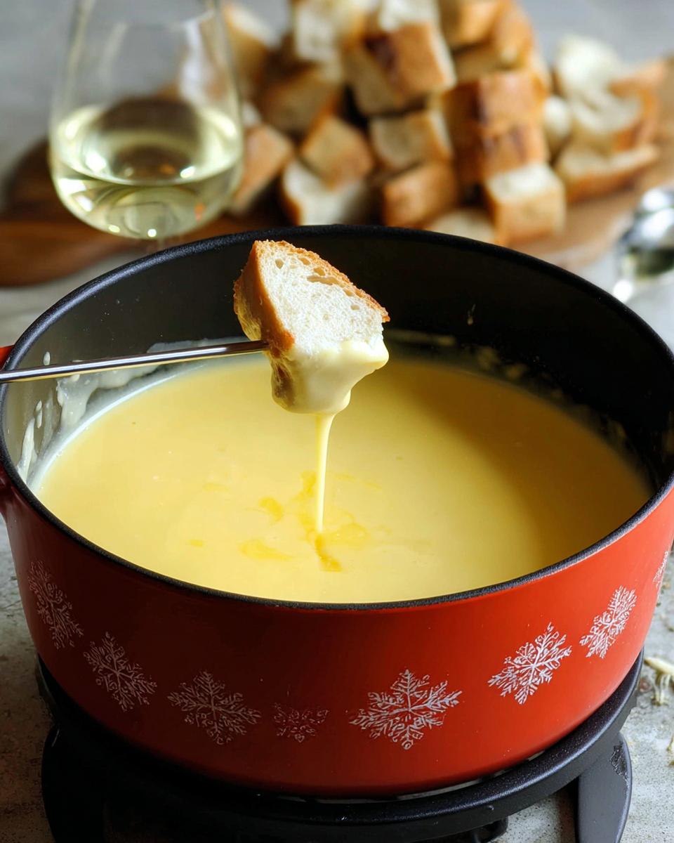 A piece of bread dipped into creamy Gruyere and Swiss Cheese Fondue served in a red pot.