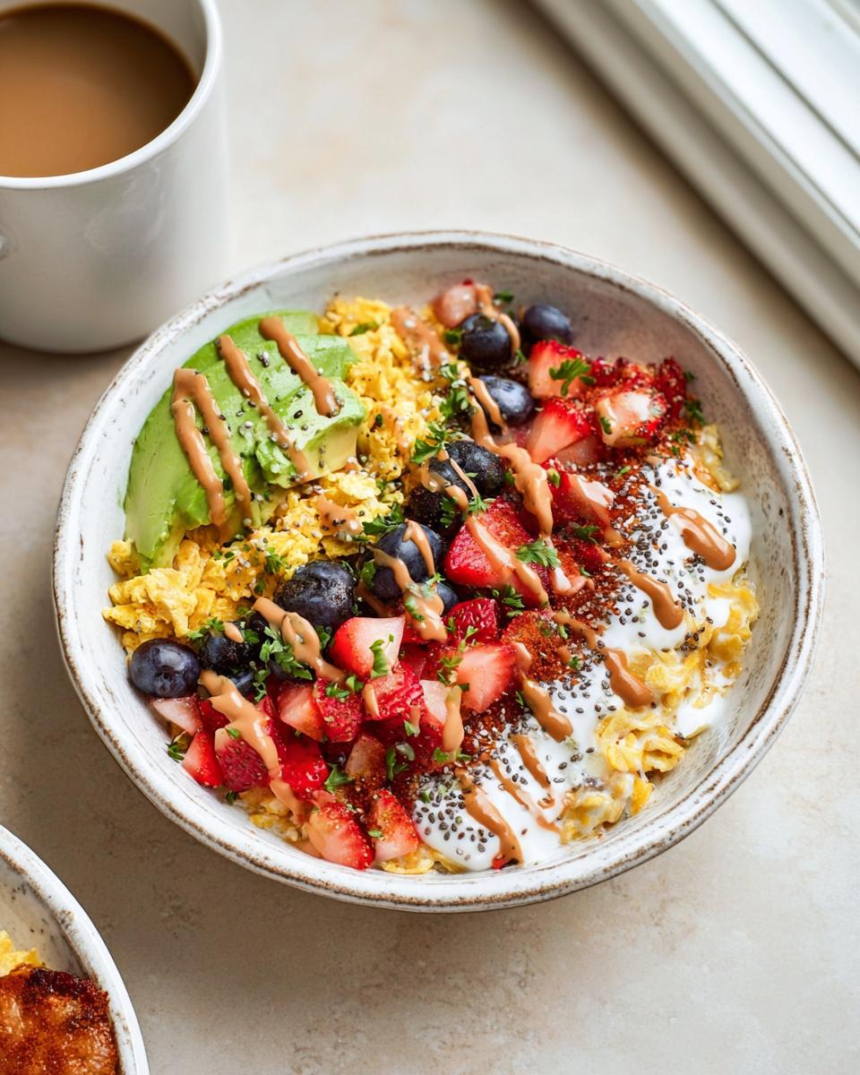 A vibrant Gym-Friendly Protein Breakfast Bowl featuring scrambled eggs, avocado, strawberries, blueberries, yogurt, and peanut butter drizzle.