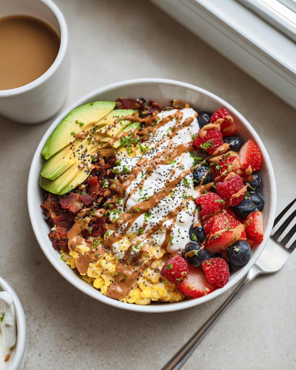 Overhead view of a colorful Gym-Friendly Protein Breakfast Bowl featuring scrambled eggs, bacon, avocado, berries, yogurt, and nut butter drizzle.