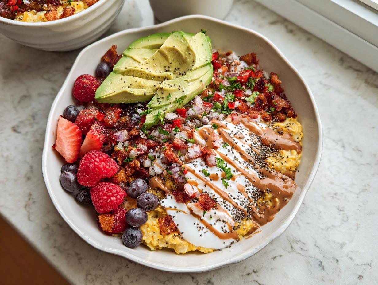 A vibrant, loaded Gym-Friendly Protein Breakfast Bowl featuring avocado, berries, bacon, and yogurt drizzle.