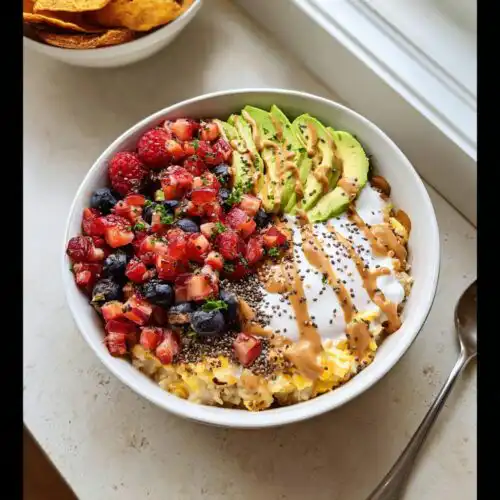 A colorful Gym-Friendly Protein Breakfast Bowl topped with avocado, mixed berries, yogurt, and peanut butter drizzle.