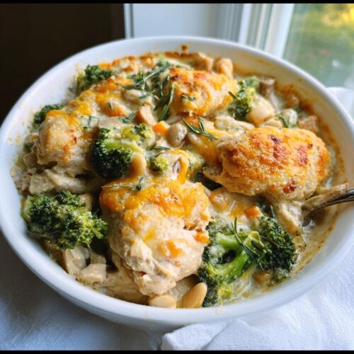 A close-up of a serving of Healthy Chicken Casserole featuring creamy sauce, chunks of chicken, bright green broccoli, and melted cheese.