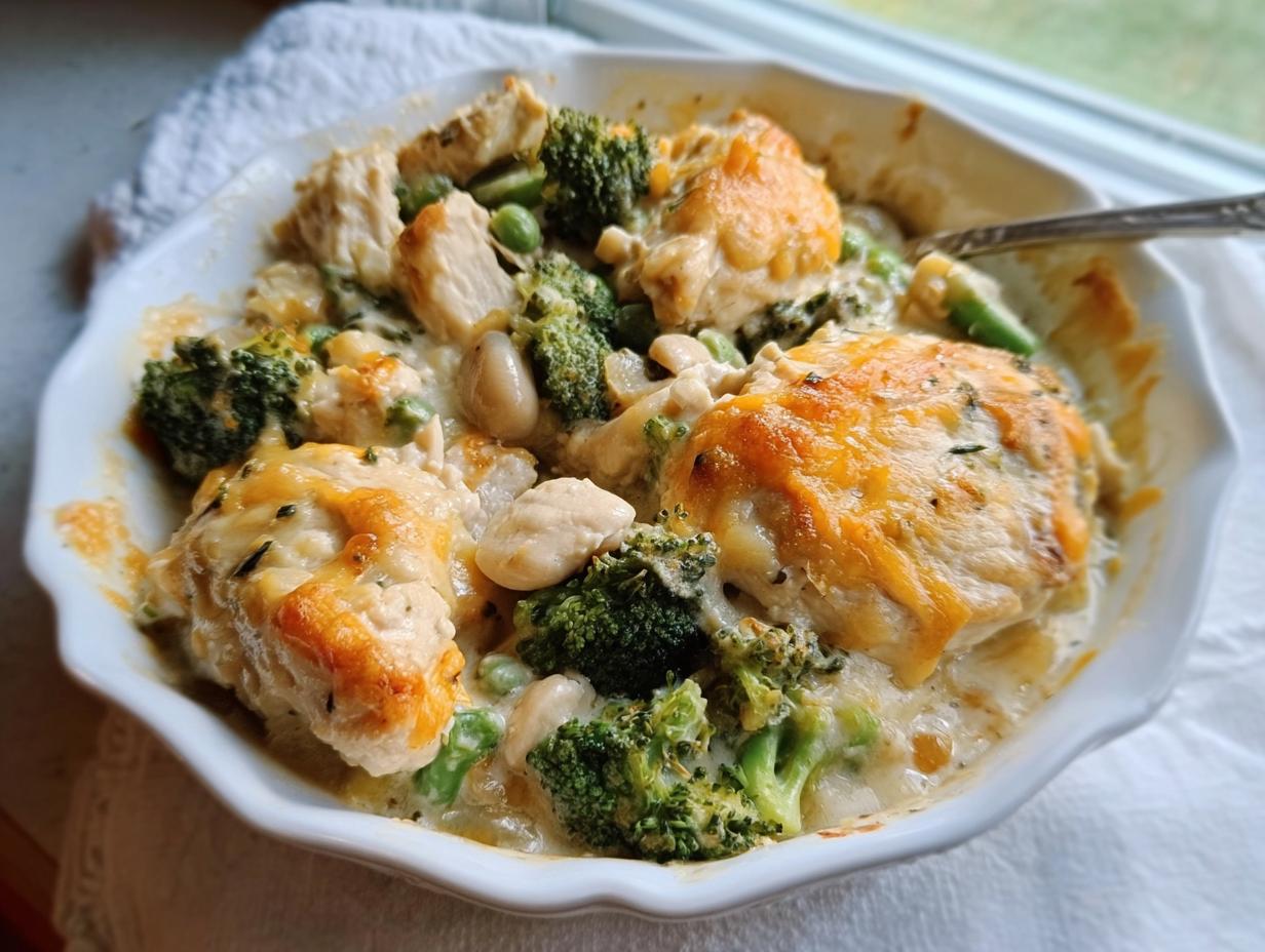 A close-up of a white baking dish filled with Healthy Chicken Casserole featuring chicken pieces, broccoli florets, and melted cheddar cheese.