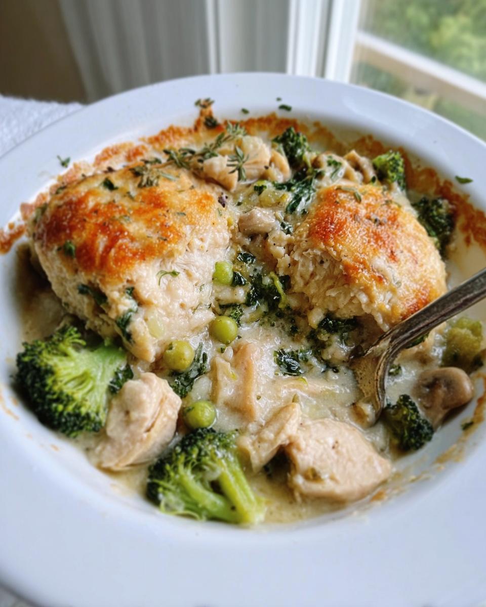 A close-up serving of Healthy Chicken Casserole featuring creamy sauce, chicken pieces, broccoli florets, and peas.