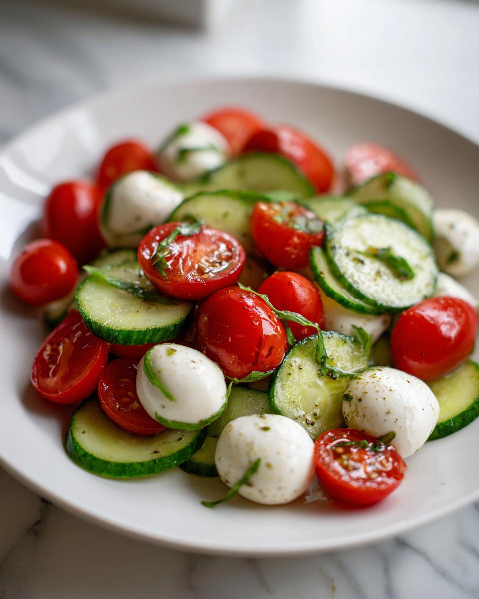 Close-up of a Healthy Cucumber Tomato Mozzarella Salad featuring sliced cucumbers, halved cherry tomatoes, and small mozzarella balls.