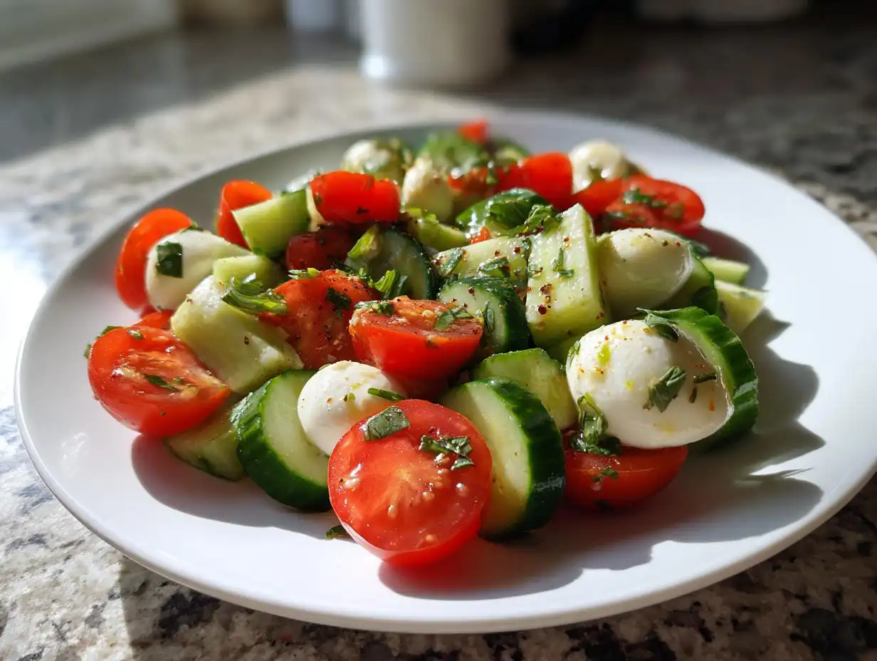 Close-up of a serving of Healthy Cucumber Tomato Mozzarella Salad with fresh herbs and dressing.