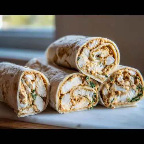 Close-up of four Honey Mustard Chicken Pinwheels sliced, showing chunks of chicken and sauce rolled in a tortilla.