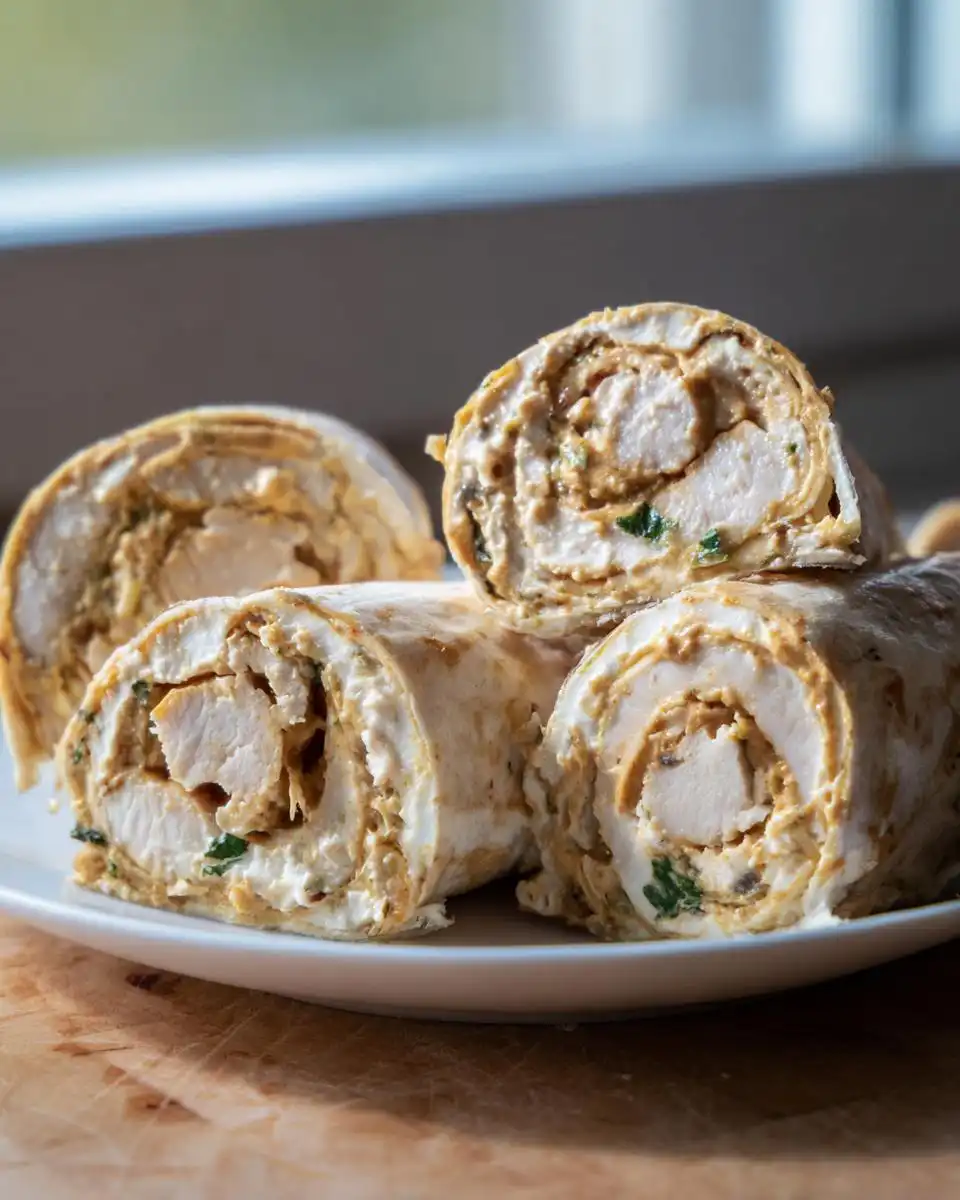 Four cross-sections of Honey Mustard Chicken Pinwheels showing chicken, cream cheese, and honey mustard filling rolled in a tortilla.