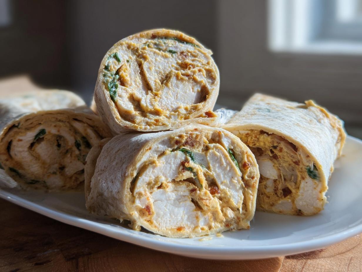 Close-up of sliced Honey Mustard Chicken Pinwheels showing chicken breast, sauce, and spinach rolled in a tortilla.