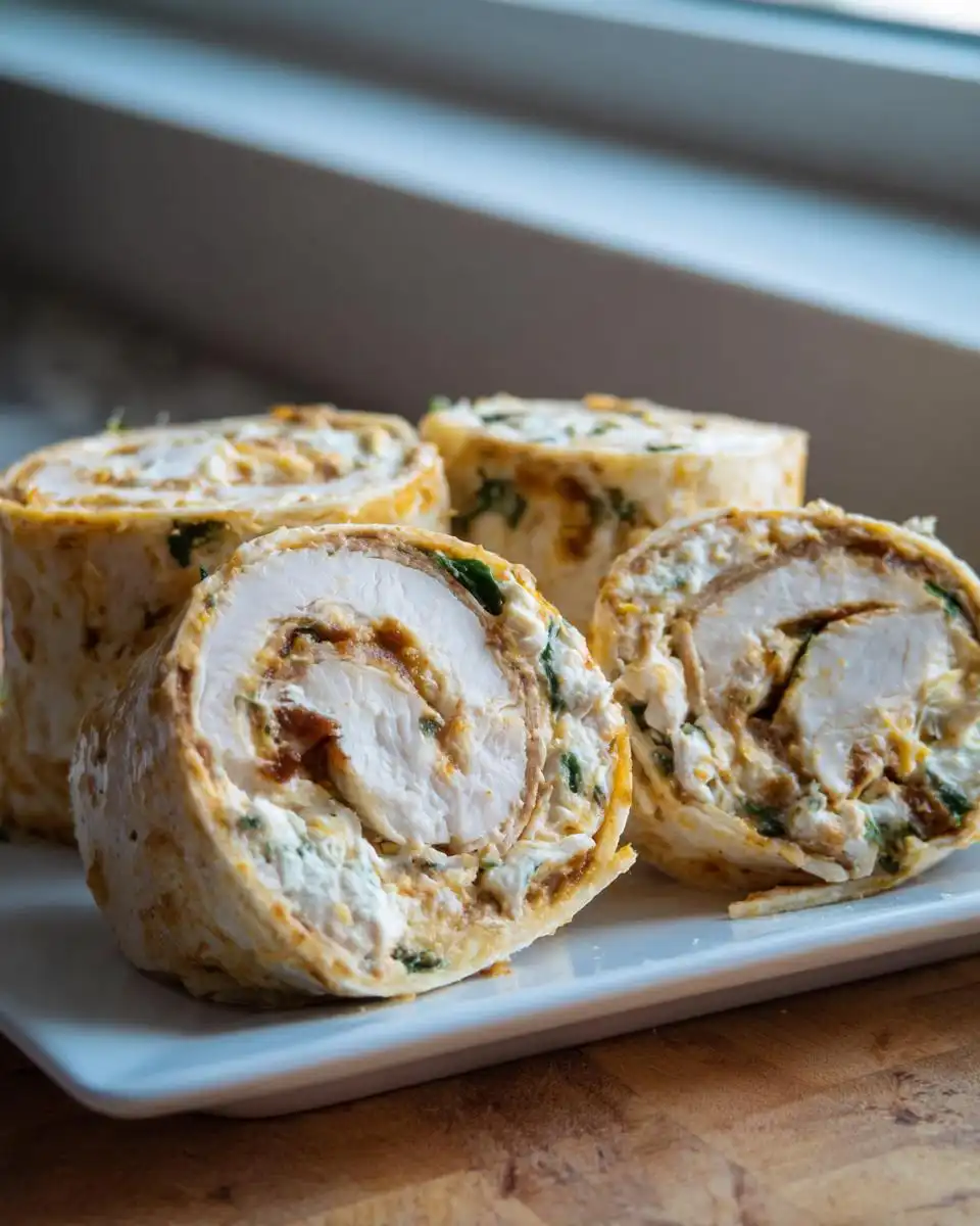 Four cross-sections of Honey Mustard Chicken Pinwheels showing sliced chicken breast rolled in a tortilla with creamy filling.