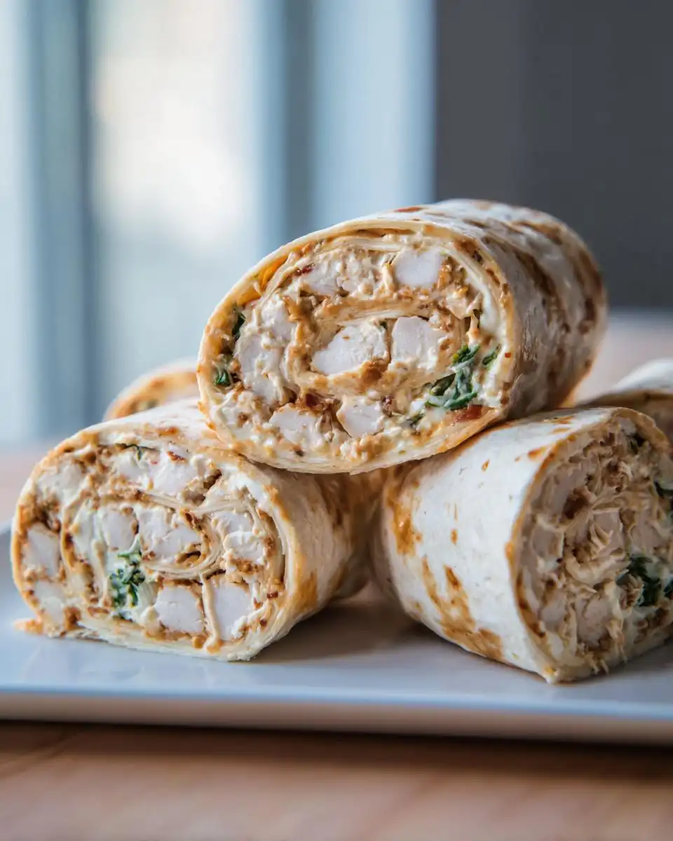 Three stacked slices of Honey Mustard Chicken Pinwheels showing creamy filling and chunks of chicken inside a tortilla.
