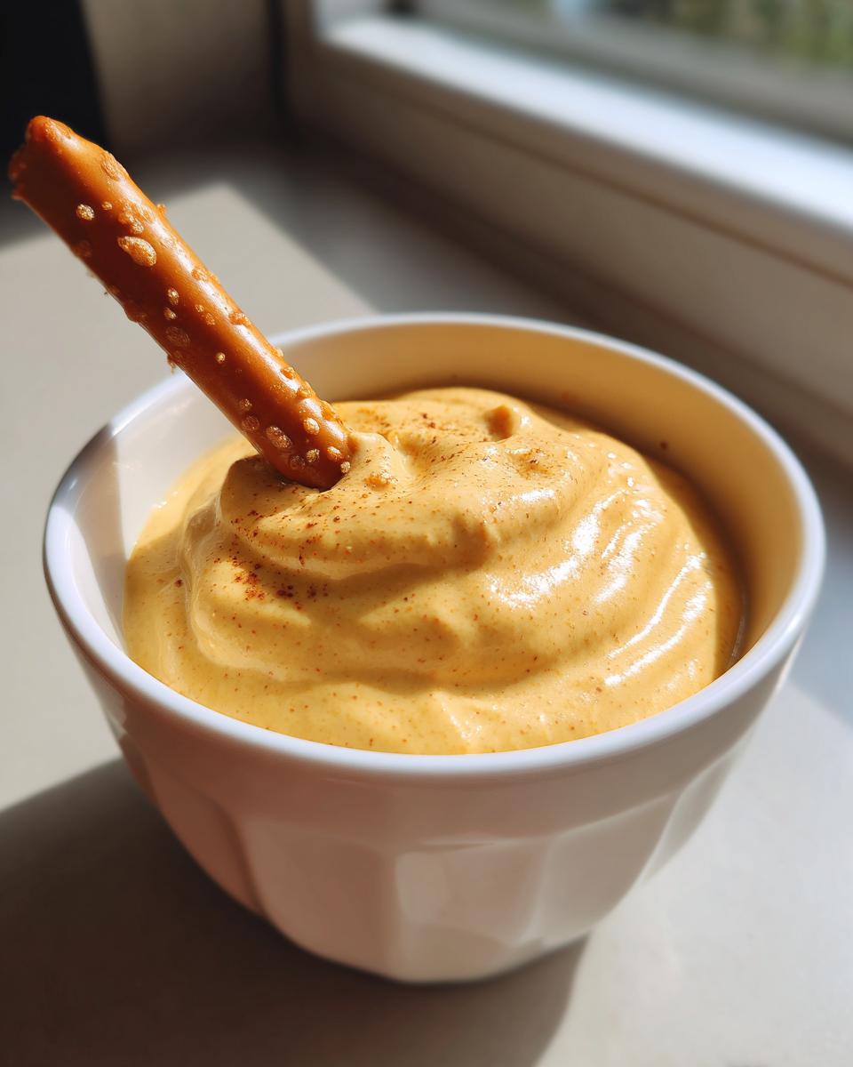 A close-up of creamy Honey Mustard Pretzel Dip in a white bowl with a pretzel stick dipped inside.