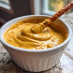 A pretzel stick dipped into a small white bowl filled with creamy, golden Honey Mustard Pretzel Dip.