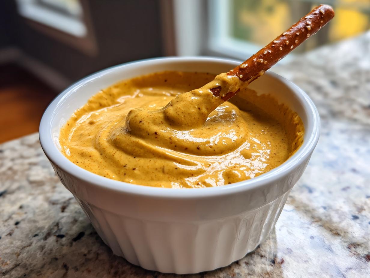 A pretzel stick dipped into a small white bowl filled with creamy, golden Honey Mustard Pretzel Dip.