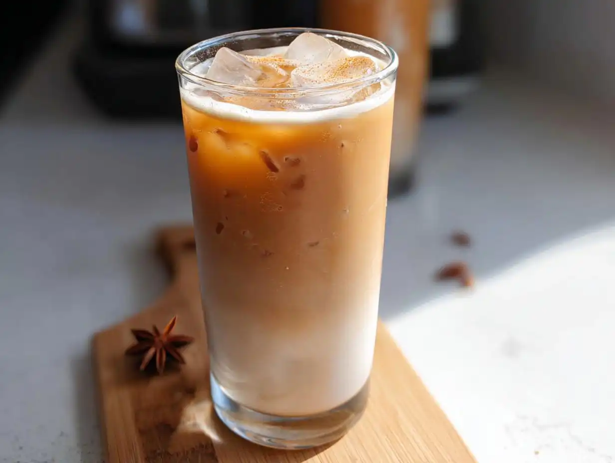 A tall glass filled with Iced Chai Latte with Almond Milk, ice cubes, and a sprinkle of spice on top.