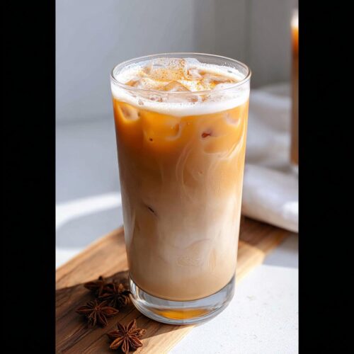 A tall glass of Iced Chai Latte with Almond Milk, layered with ice, topped with foam and cinnamon dust, next to star anise.