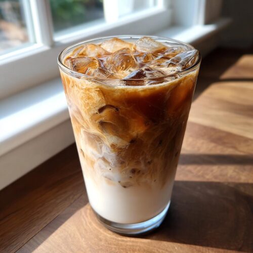 A tall glass filled with an Iced Chai Latte with Oat Milk, showing layers of creamy white milk and dark spiced tea swirling with ice cubes.