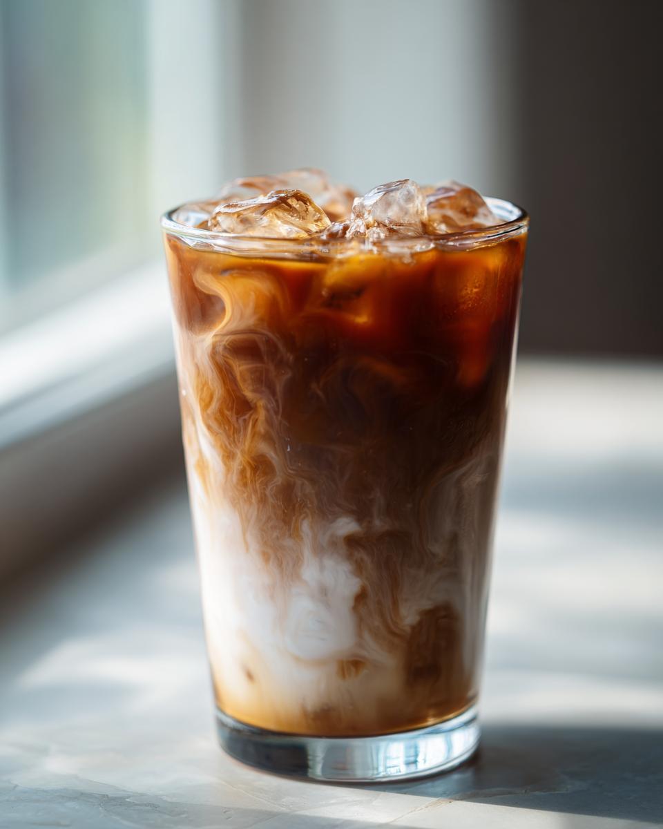 Close-up of a tall glass filled with an Iced Chai Latte with Oat Milk, showing rich swirls of brown chai mixing with white milk over ice.