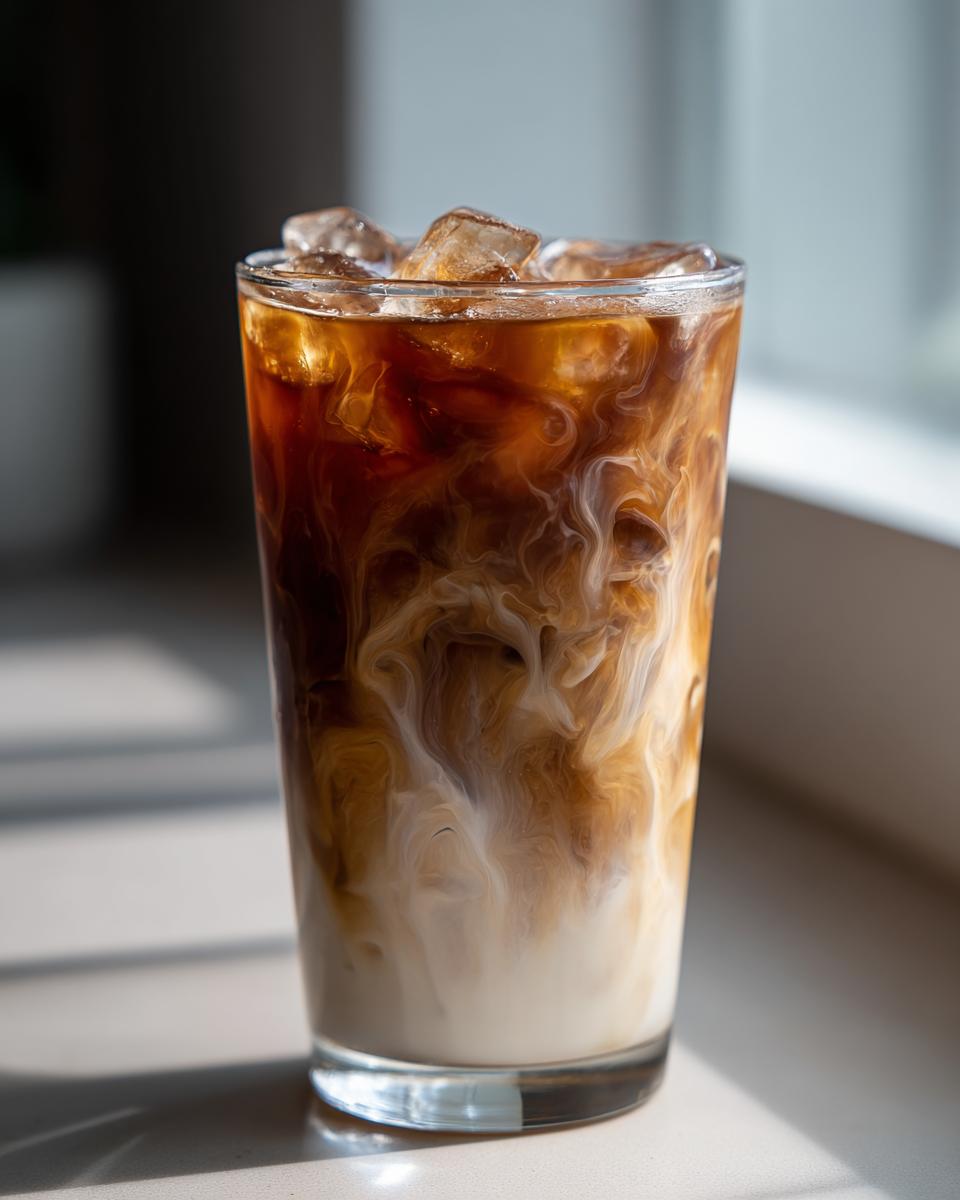 Close-up of an Iced Chai Latte with Oat Milk showing rich brown chai mixing with white oat milk and topped with ice cubes.