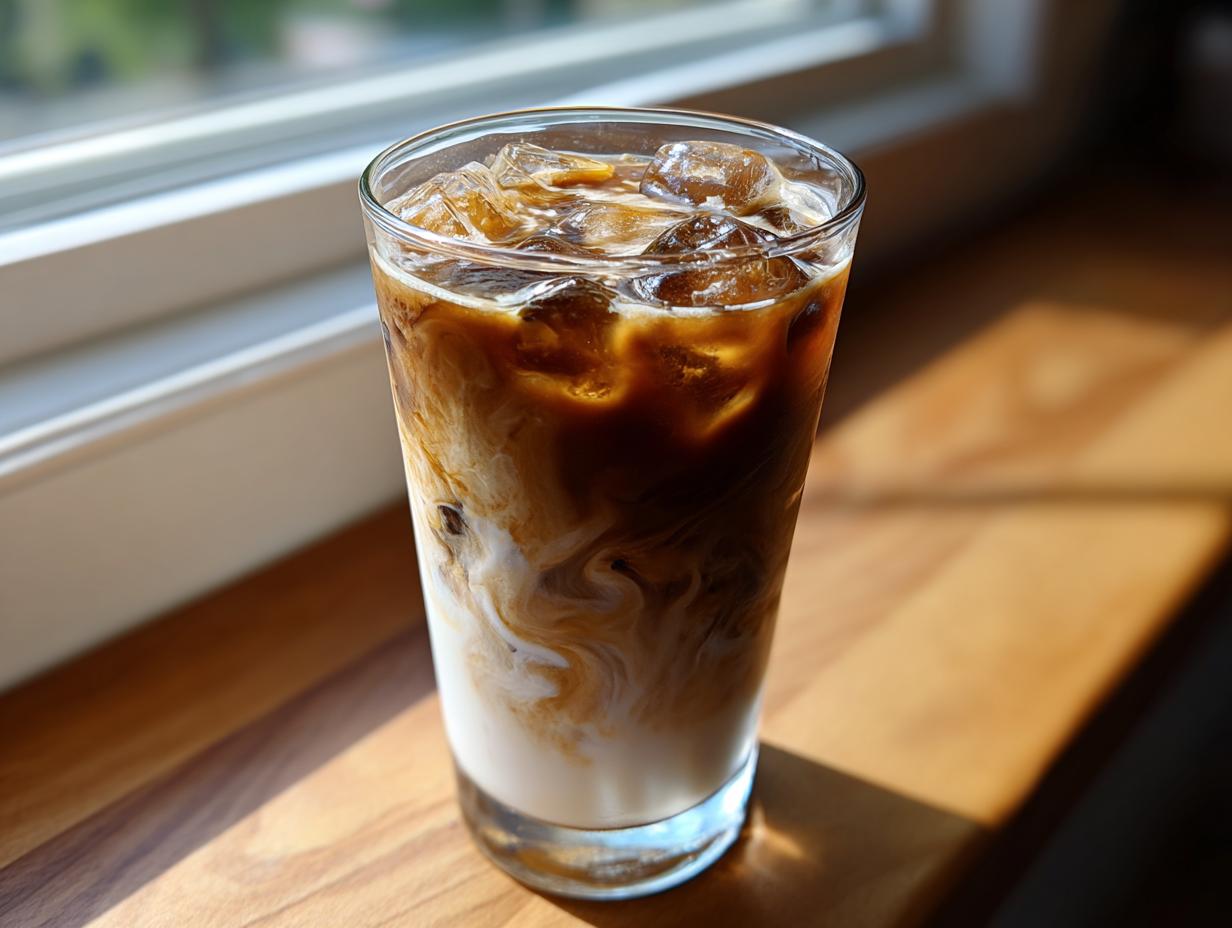 A tall glass of Iced Chai Latte with Oat Milk showing swirling layers of dark chai concentrate and white oat milk over ice cubes.